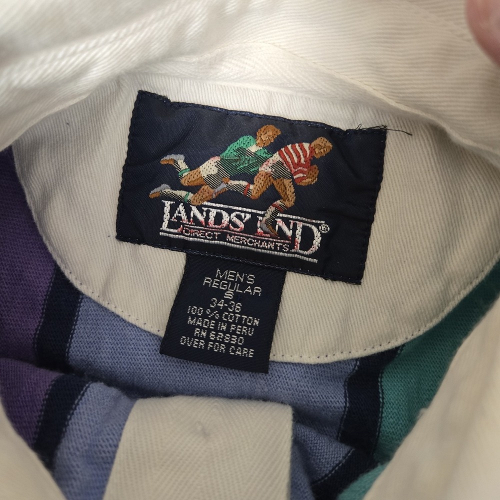 Lands End Rugby Shirt Mens Small Blue Purple Vertical Striped Long Sleeve VTG - Picture 4 of 8